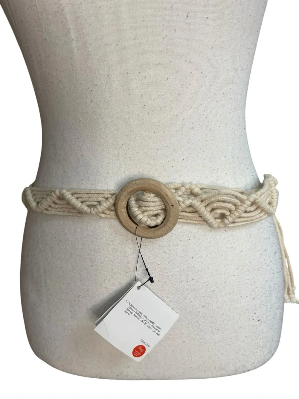 Zara Macrame Rope Belt with Wooden Buckle Cream